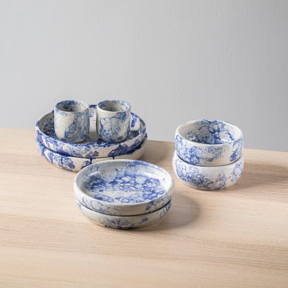 Vajilla para 4 personas -Blanco Burbuja Azul